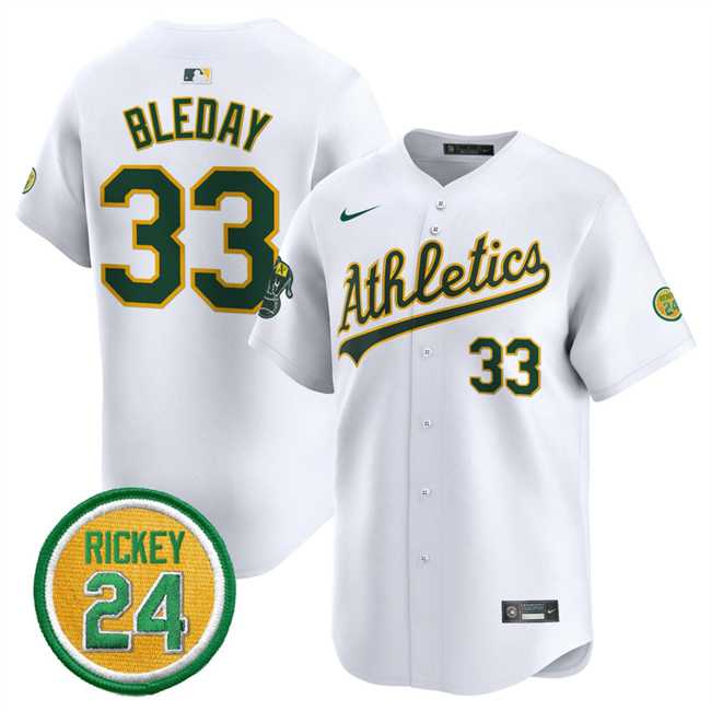 Men%27s Oakland Athletics #33 JJ Bleday White 2024 Home Limited With Rickey Henderson Patch Stitched Jersey Dzhi